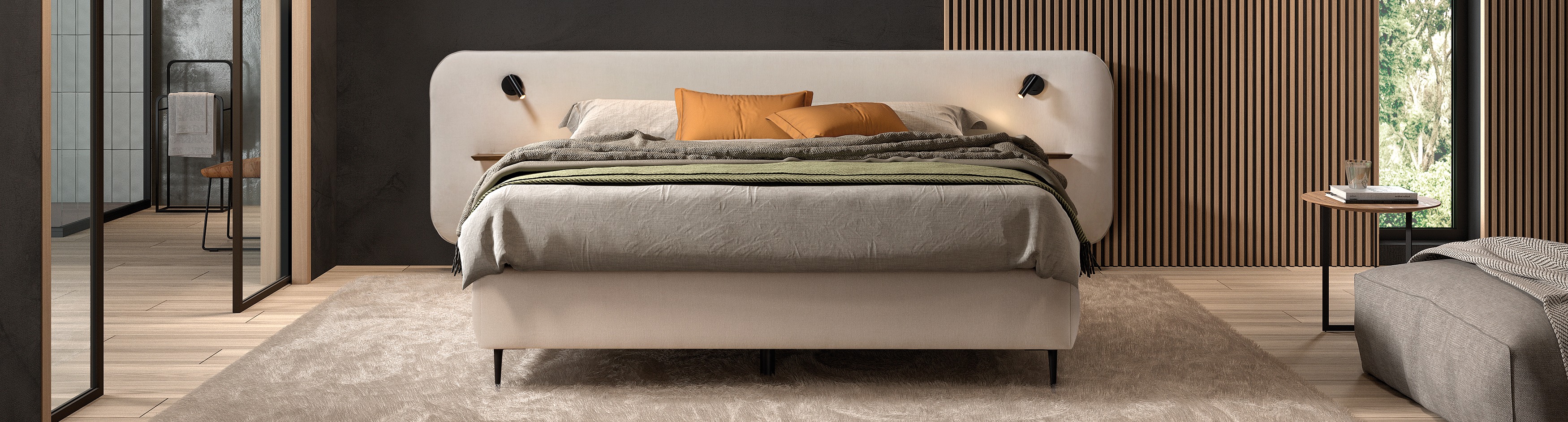 De boxspring Empire is een streling voor het oog van iedere design-liefhebber, met zijn zwevend hoofdbord met afgeronde hoeken en afgewerkt met een centrale bies.